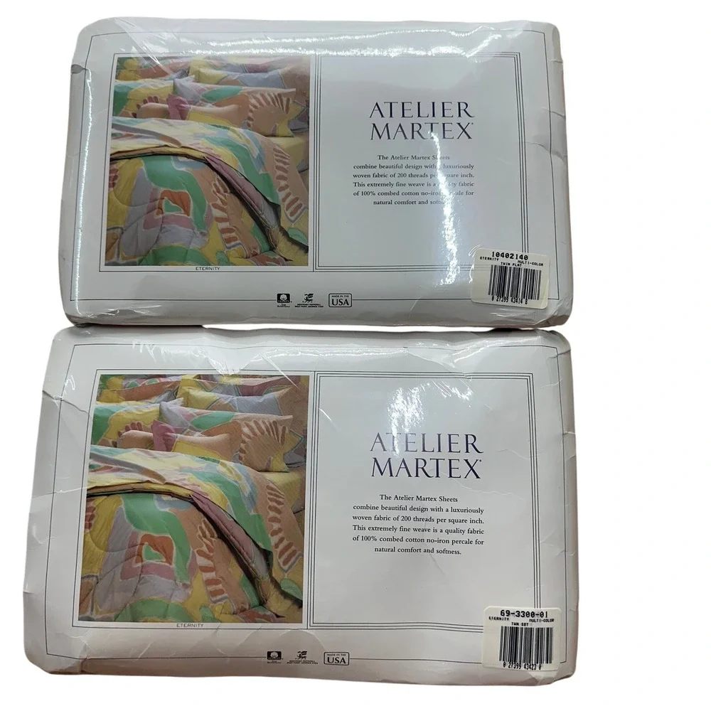 Vtg 80s 90s Atelier Martex Eternity Twin Flat & Fitted Sheet Set Abstract Pastel